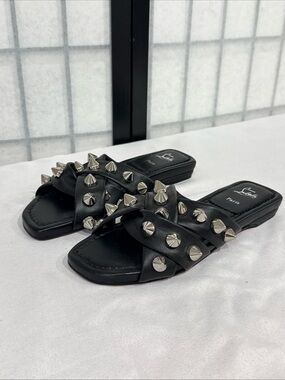 Christian Louboutin Spiked Leather Slide Sandals Black Silver Studs EU 36.5